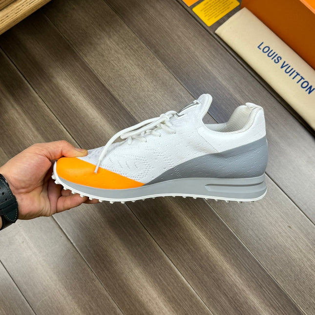 SNEAKERS IN WHITE MESH BREATHABLE FABRIC AND BLUE MIX ORANGE CALFSKIN