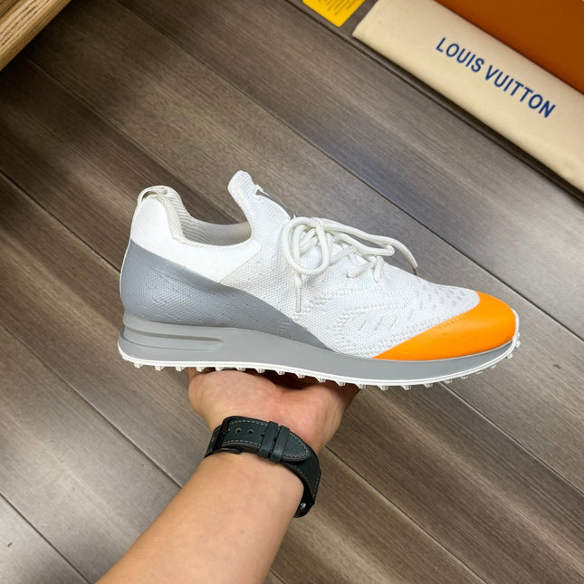 SNEAKERS IN WHITE MESH BREATHABLE FABRIC AND BLUE MIX ORANGE CALFSKIN