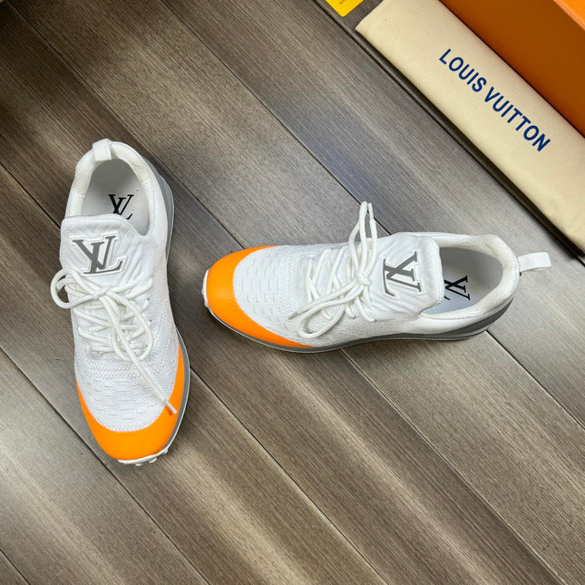 SNEAKERS IN WHITE MESH BREATHABLE FABRIC AND BLUE MIX ORANGE CALFSKIN
