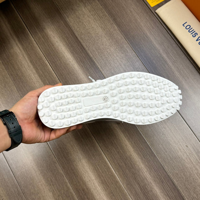 SNEAKERS IN WHITE MESH BREATHABLE FABRIC AND BLUE MIX ORANGE CALFSKIN