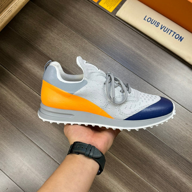 SNEAKERS IN GREY MESH BREATHABLE FABRIC AND BLUE MIX ORANGE CALFSKIN
