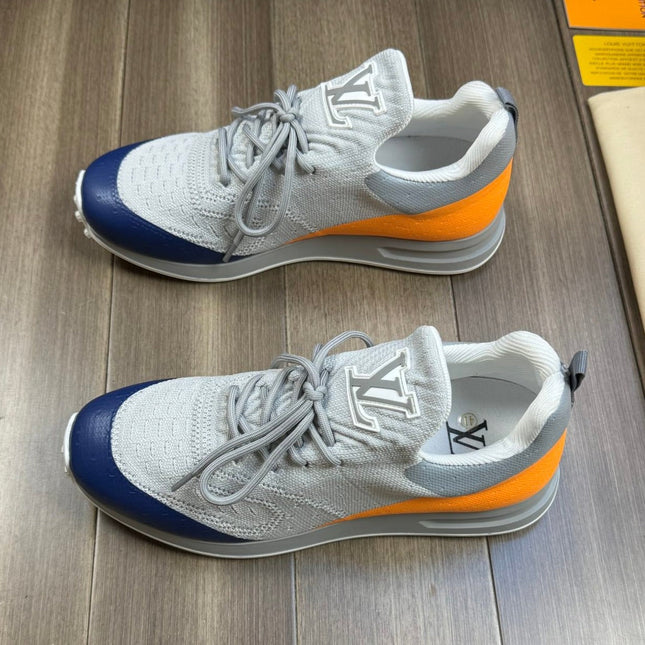 SNEAKERS IN GREY MESH BREATHABLE FABRIC AND BLUE MIX ORANGE CALFSKIN