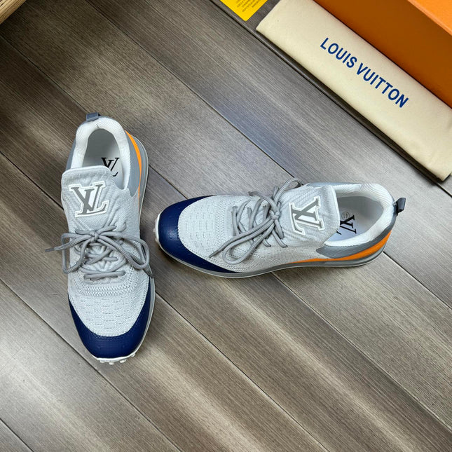 SNEAKERS IN GREY MESH BREATHABLE FABRIC AND BLUE MIX ORANGE CALFSKIN