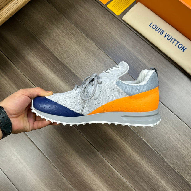 SNEAKERS IN GREY MESH BREATHABLE FABRIC AND BLUE MIX ORANGE CALFSKIN