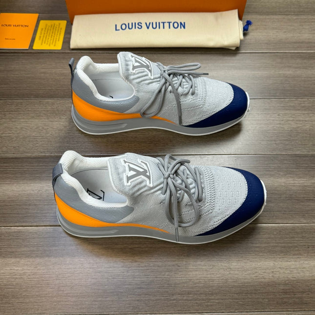 SNEAKERS IN GREY MESH BREATHABLE FABRIC AND BLUE MIX ORANGE CALFSKIN