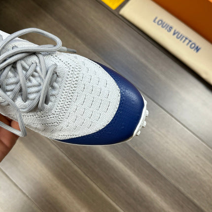 SNEAKERS IN GREY MESH BREATHABLE FABRIC AND BLUE MIX ORANGE CALFSKIN