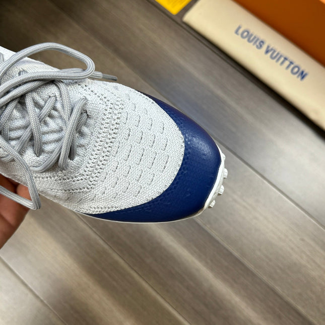 SNEAKERS IN GREY MESH BREATHABLE FABRIC AND BLUE MIX ORANGE CALFSKIN