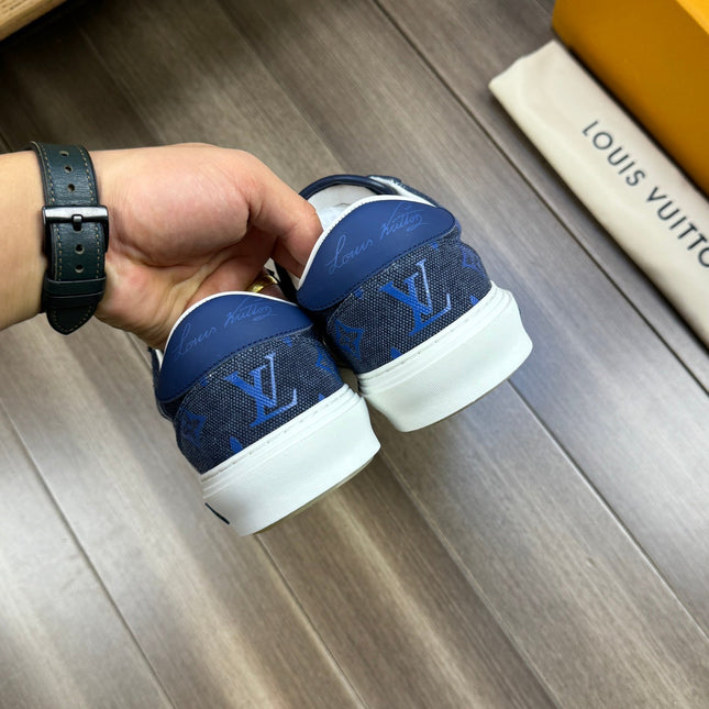 LV TRAINER SNEAKER IN BLACK MIX COBALT BLUE DENIM