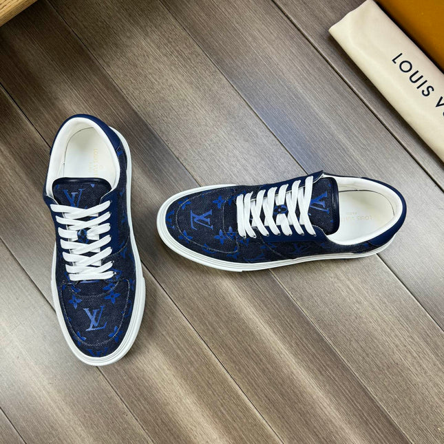 LV TRAINER SNEAKER IN BLACK MIX COBALT BLUE DENIM