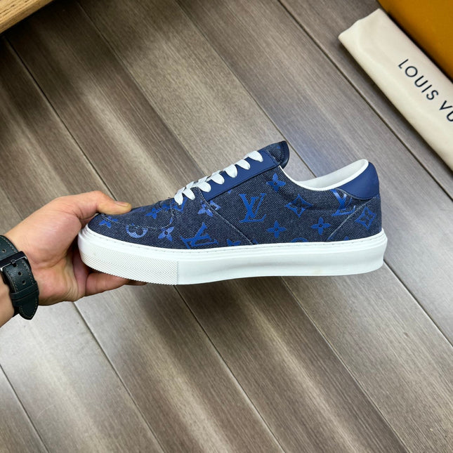 LV TRAINER SNEAKER IN BLACK MIX COBALT BLUE DENIM