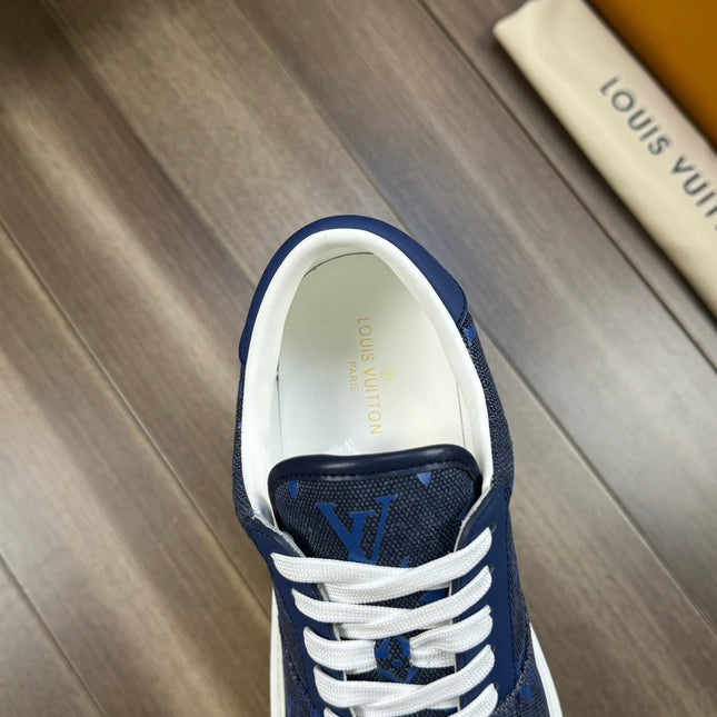 LV TRAINER SNEAKER IN BLACK MIX COBALT BLUE DENIM
