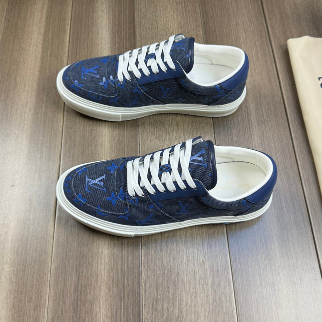 LV TRAINER SNEAKER IN BLACK MIX COBALT BLUE DENIM
