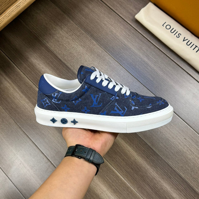 LV TRAINER SNEAKER IN BLACK MIX COBALT BLUE DENIM