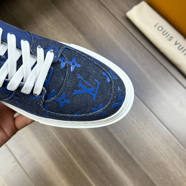 LV TRAINER SNEAKER IN BLACK MIX COBALT BLUE DENIM
