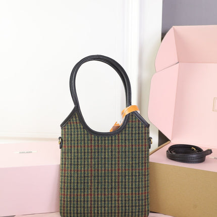 IVY MINI TOTE BAG 20 IN COLORFUL TARTAN AND BLACK LEATHER TRIM