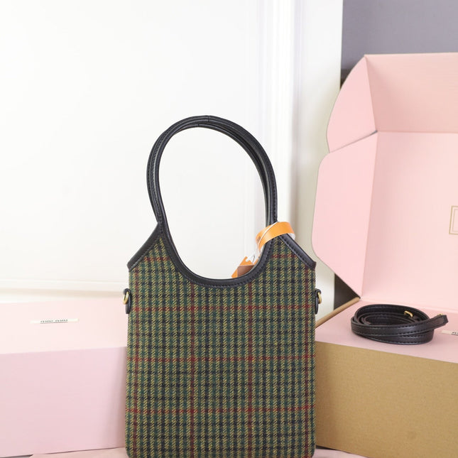 IVY MINI TOTE BAG 20 IN COLORFUL TARTAN AND BLACK LEATHER TRIM