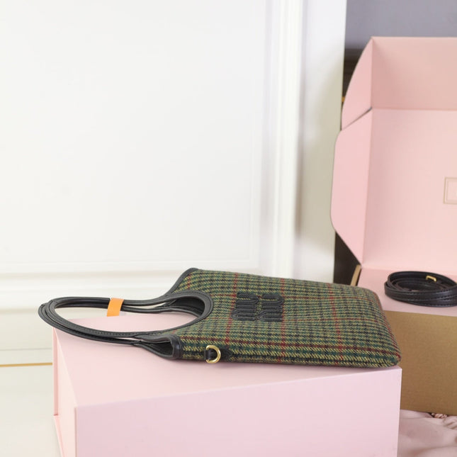 IVY MINI TOTE BAG 20 IN COLORFUL TARTAN AND BLACK LEATHER TRIM