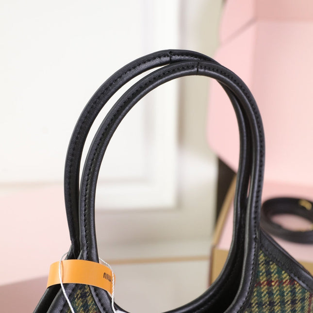 IVY MINI TOTE BAG 20 IN COLORFUL TARTAN AND BLACK LEATHER TRIM