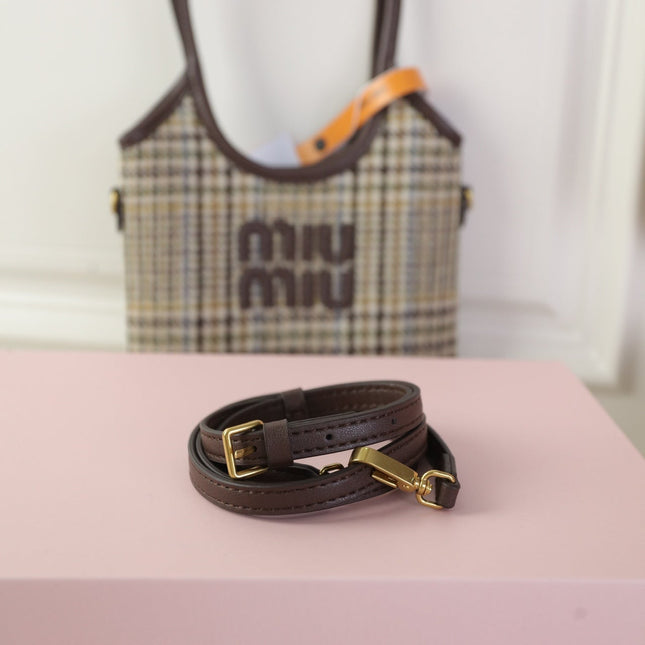 IVY MINI TOTE BAG 20 IN COLORFUL TARTAN AND BROWN LEATHER TRIM