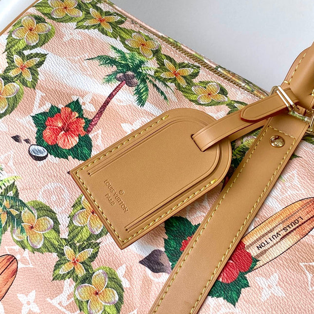 KEEPALL BANDOULIÈRE 50 IN SAND TROPICAL MOTIFS MONOGRAM SURFIN CANVAS