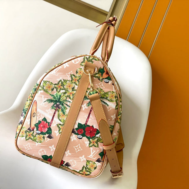 KEEPALL BANDOULIÈRE 50 IN SAND TROPICAL MOTIFS MONOGRAM SURFIN CANVAS