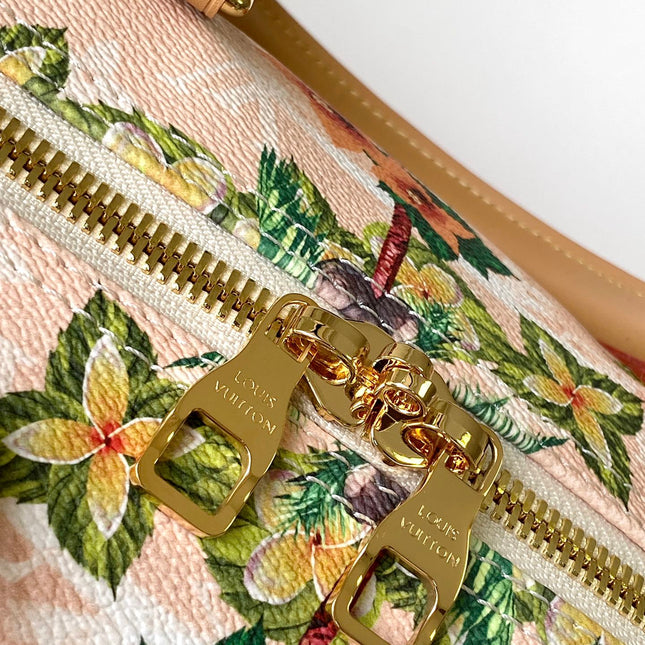 KEEPALL BANDOULIÈRE 50 IN SAND TROPICAL MOTIFS MONOGRAM SURFIN CANVAS
