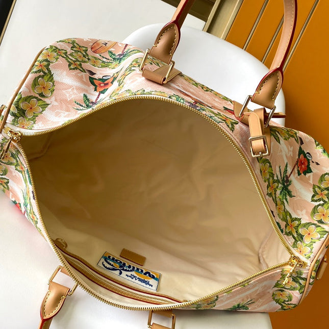 KEEPALL BANDOULIÈRE 50 IN SAND TROPICAL MOTIFS MONOGRAM SURFIN CANVAS