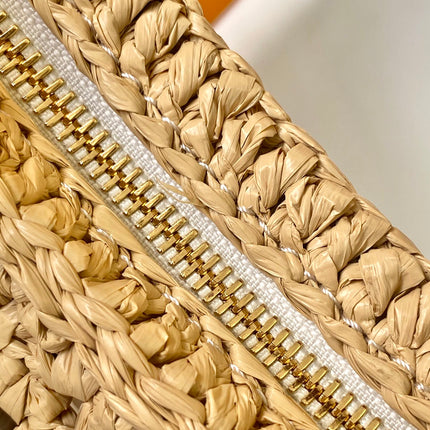 CROISSANT 25 IN NATURAL RAFFIA AND BROWN CALFSKIN TRIM