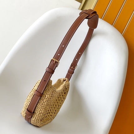 CROISSANT 25 IN NATURAL RAFFIA AND BROWN CALFSKIN TRIM