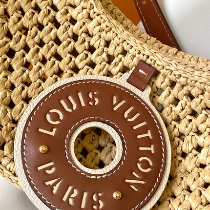 CROISSANT 25 IN NATURAL RAFFIA AND BROWN CALFSKIN TRIM