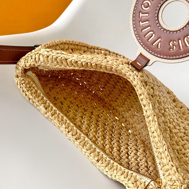 CROISSANT 25 IN NATURAL RAFFIA AND BROWN CALFSKIN TRIM