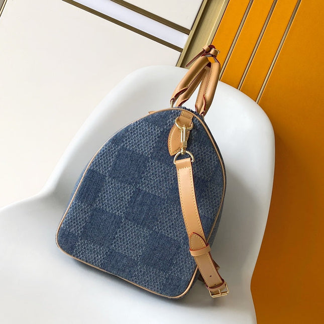 SPEEDY BANDOULIÈRE 40 IN BLUE DAMIER DENIM 3D