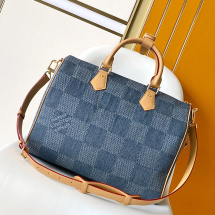 SPEEDY BANDOULIÈRE 40 IN BLUE DAMIER DENIM 3D