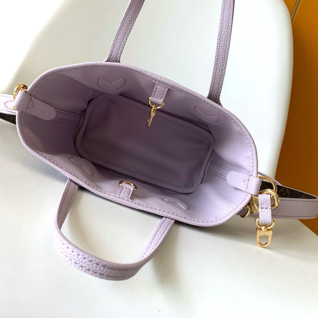 LV 25S NEVERFULL BANDOULIÈRE INSIDE OUT BB 31 IN LIGHT PURPLE AND BROWN CALFSKIN