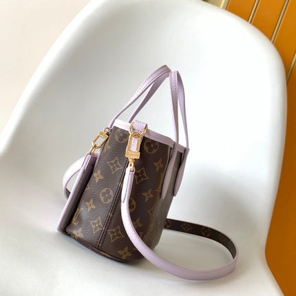 LV 25S NEVERFULL BANDOULIÈRE INSIDE OUT BB 31 IN LIGHT PURPLE AND BROWN CALFSKIN