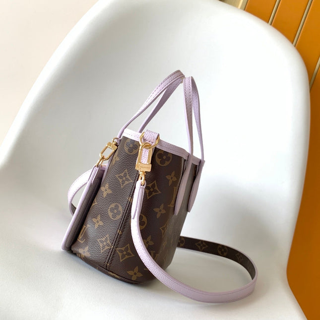 LV 25S NEVERFULL BANDOULIÈRE INSIDE OUT BB 31 IN LIGHT PURPLE AND BROWN CALFSKIN