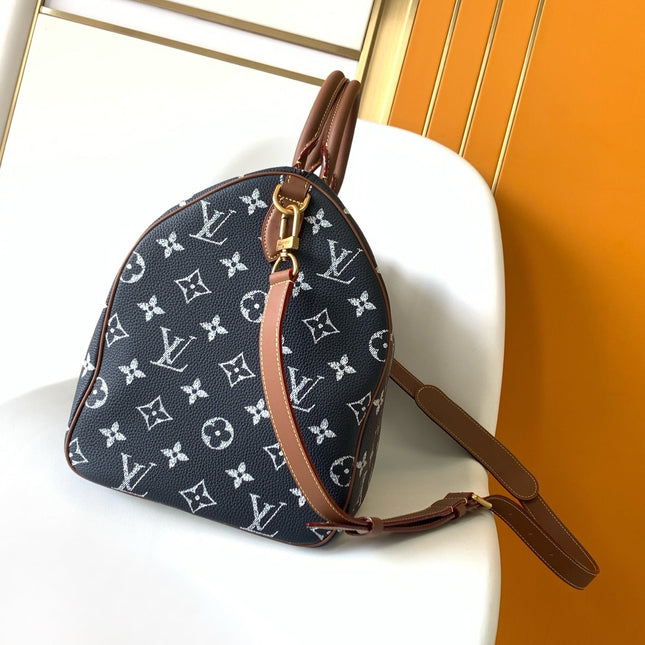 LV 25S SPEEDY BANDOULIÈRE BAG 40 IN CHARCOAL BLUE CALFSKIN GOLD HARDWARE