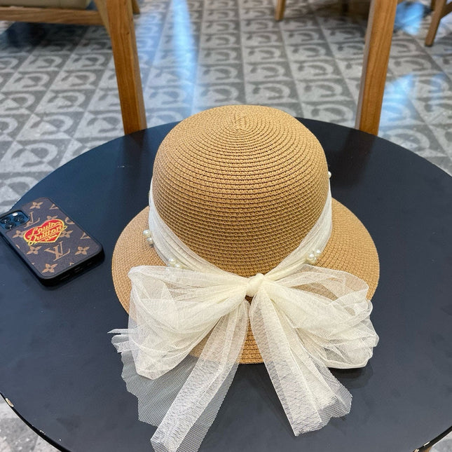 STRAW HAT BOW WITH PEARL BROWN 672697