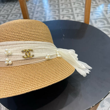 STRAW HAT BOW WITH PEARL BROWN 672697