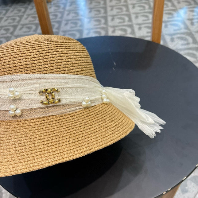 STRAW HAT BOW WITH PEARL BROWN 672697