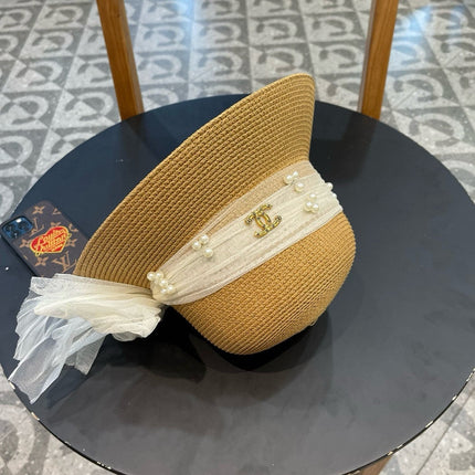 STRAW HAT BOW WITH PEARL BROWN 672697
