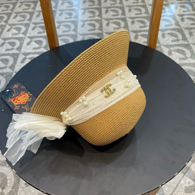 STRAW HAT BOW WITH PEARL BROWN 672697