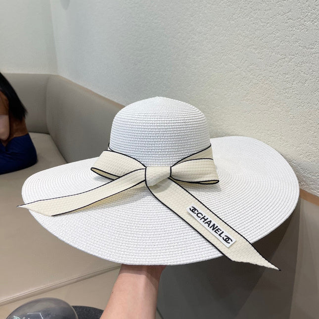 WIDE BRIM STRAW HAT WITH BOW WHITE 672704