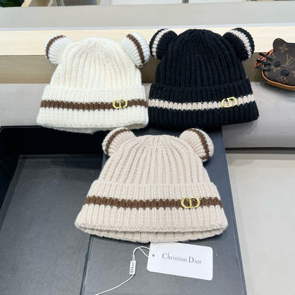 STRIPED BEANIE HAT WITH CUTE BEAR EARS IN BLACK WOOL 433438