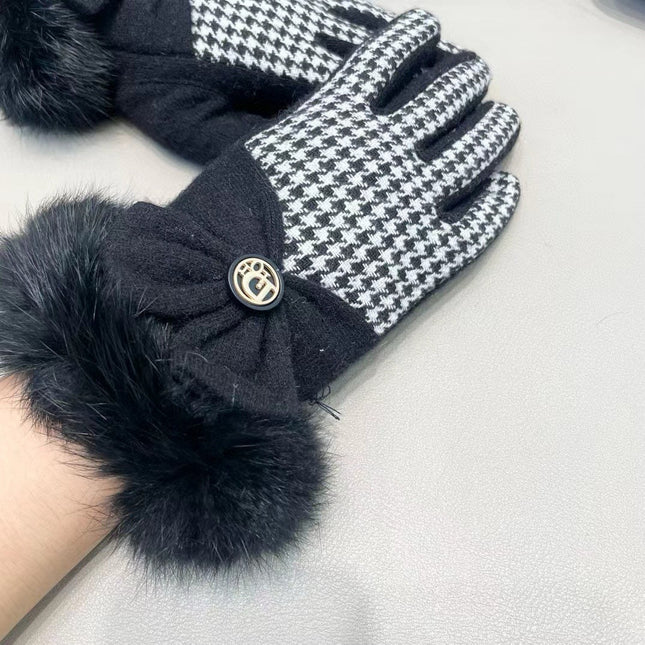 GLOVES WITH BOW IN BLACK MIX WHITE WOOL AND RABBIT FUR 453759