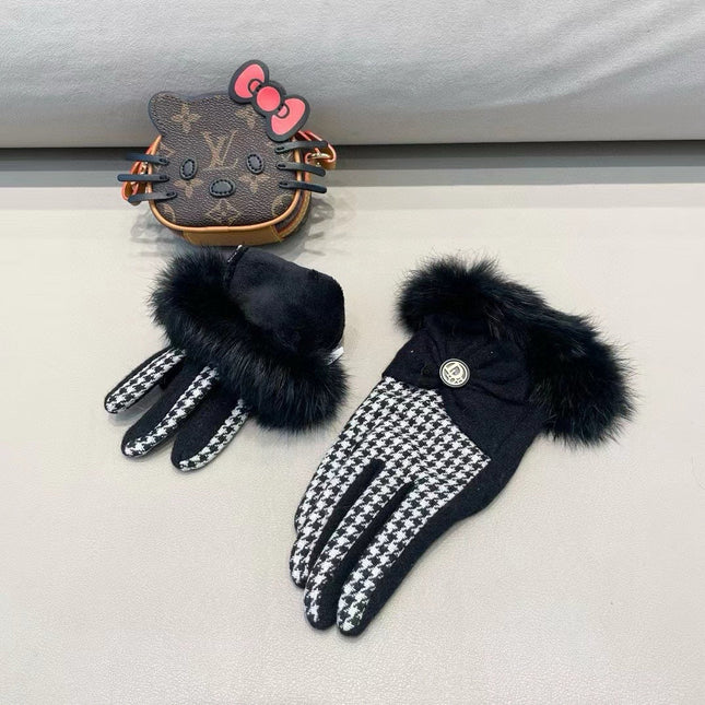 GLOVES WITH BOW IN BLACK MIX WHITE WOOL AND RABBIT FUR 453759