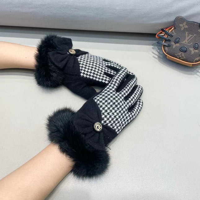 GLOVES WITH BOW IN BLACK MIX WHITE WOOL AND RABBIT FUR 453759