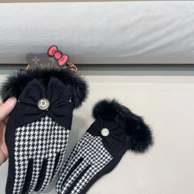 GLOVES WITH BOW IN BLACK MIX WHITE WOOL AND RABBIT FUR 453759