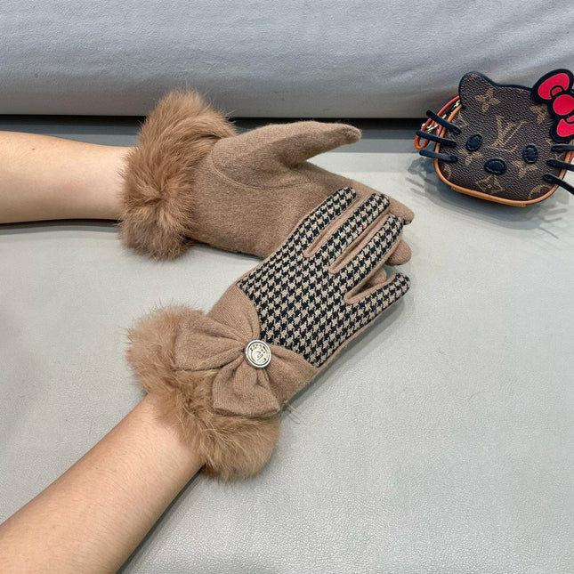 GLOVES WITH BOW IN HAZELNUT BEIGE MIX BLACK WOOL AND RABBIT FUR 453760