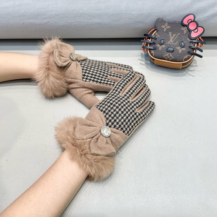 GLOVES WITH BOW IN HAZELNUT BEIGE MIX BLACK WOOL AND RABBIT FUR 453760